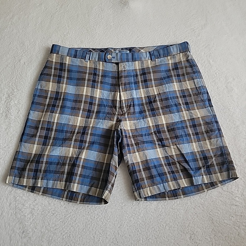 Peter Millar Golf Shorts Mens 40 Blue Plaid Cotton Casual